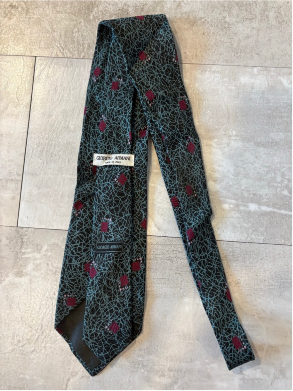 Vintage Giorgio Armani Silk Tie Italy Abstract Geometric Teal Burgundy